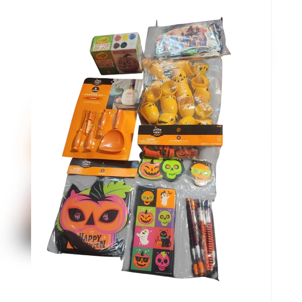 Halloween Party Kit With Decor, Pumpkin Carving/Painting Kits, Favors, & Masks.